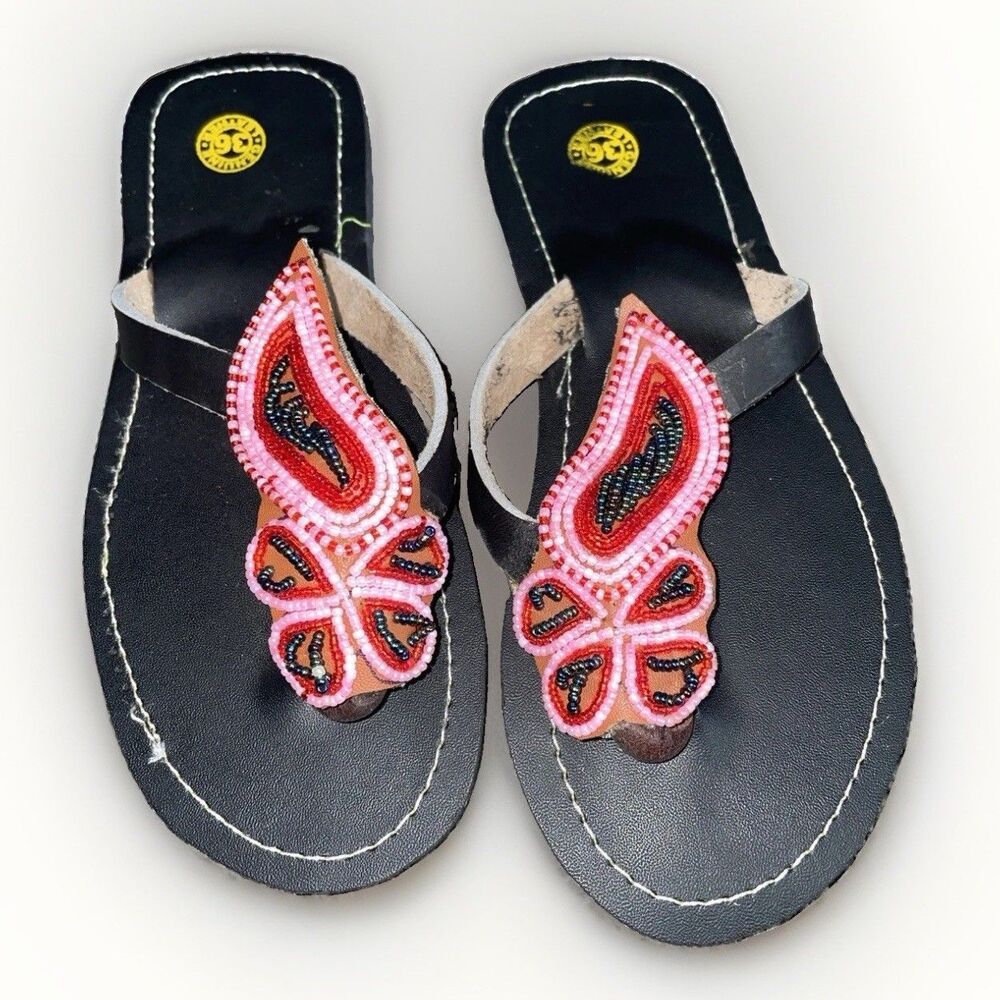 Handmade Beaded Leather Sandals Pink Red Butterfly EU 36 Boho Y2K Festival Thong